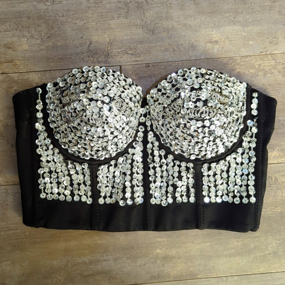 Black cropped sequined corset size medium with removable straps